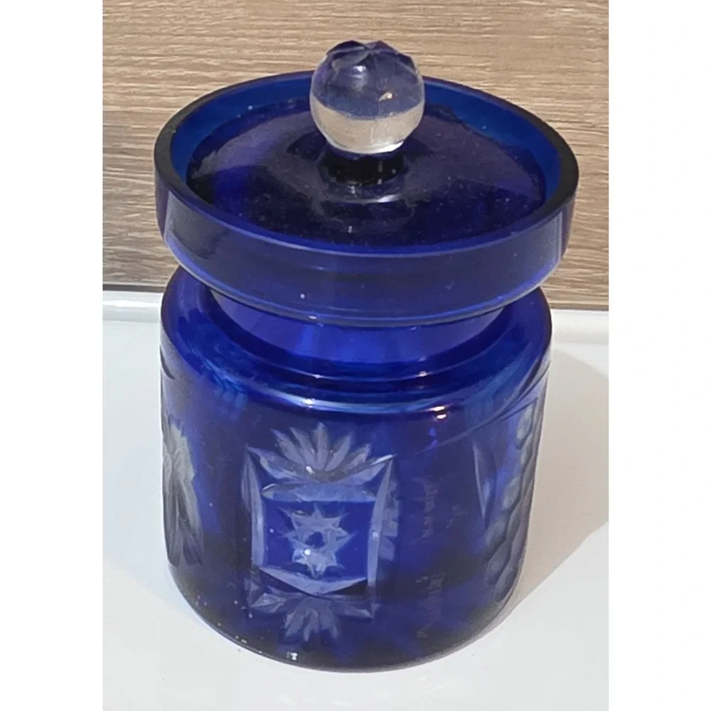 Vintage Bohemian Czech Republic Cobalt Blue Cut Jelly Jam Jar Grape And Star
